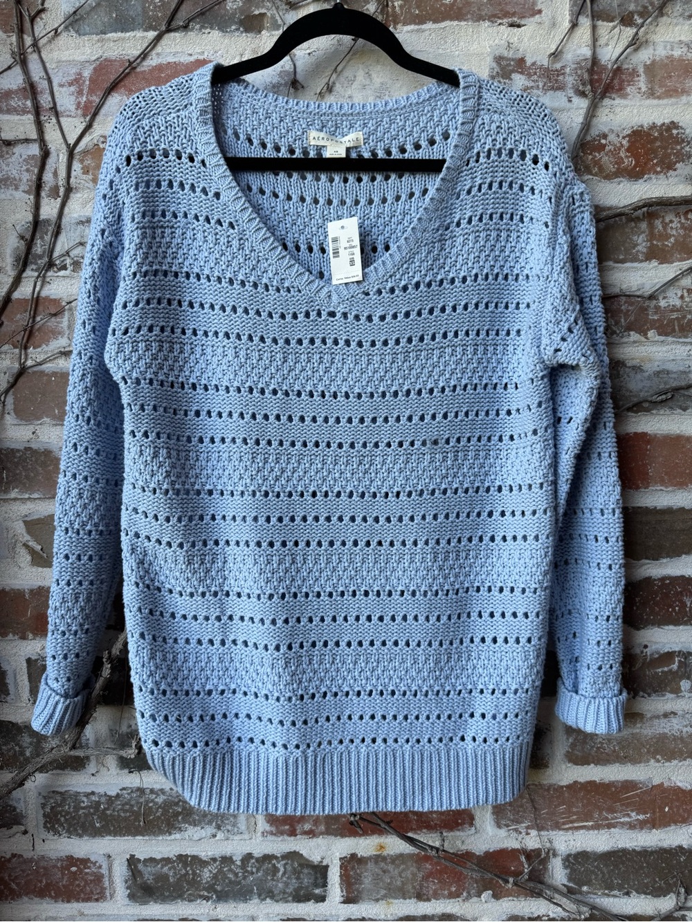 Aéropostale Cottagecore Open-Knit V-Neck Sweater in Sky Blue - NWT SIZE XS
